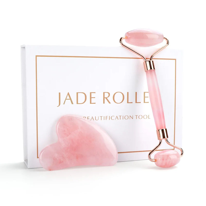 Kit Rolo de Jade Para Massagem Facial + Gua Sha