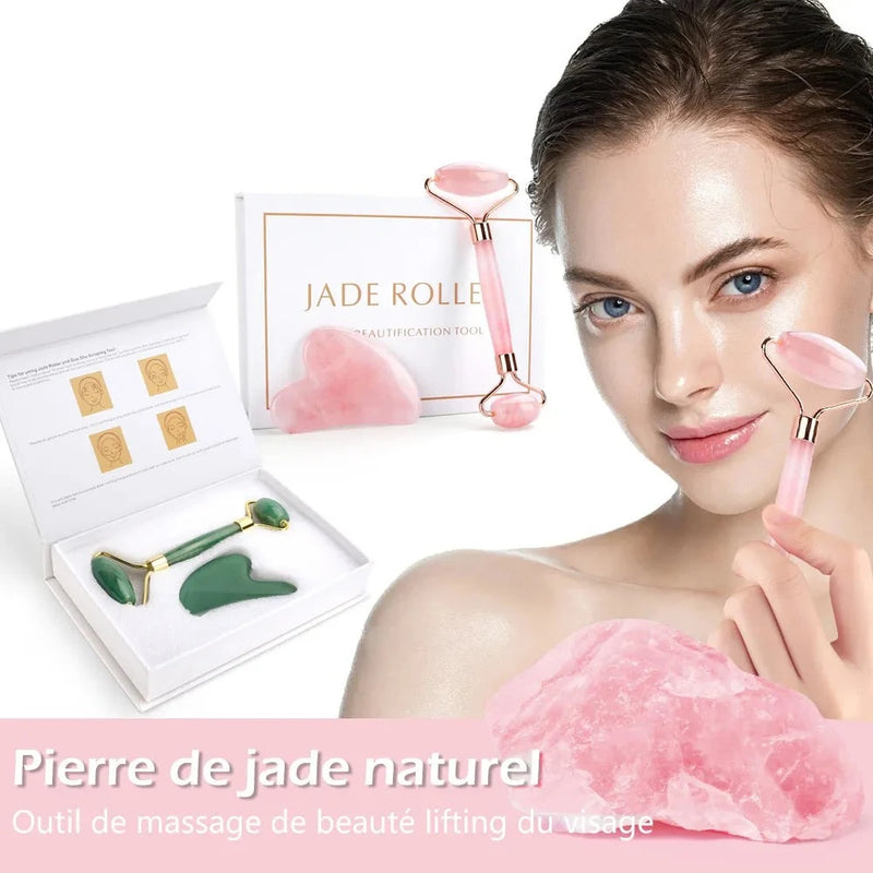 Kit Rolo de Jade Para Massagem Facial + Gua Sha