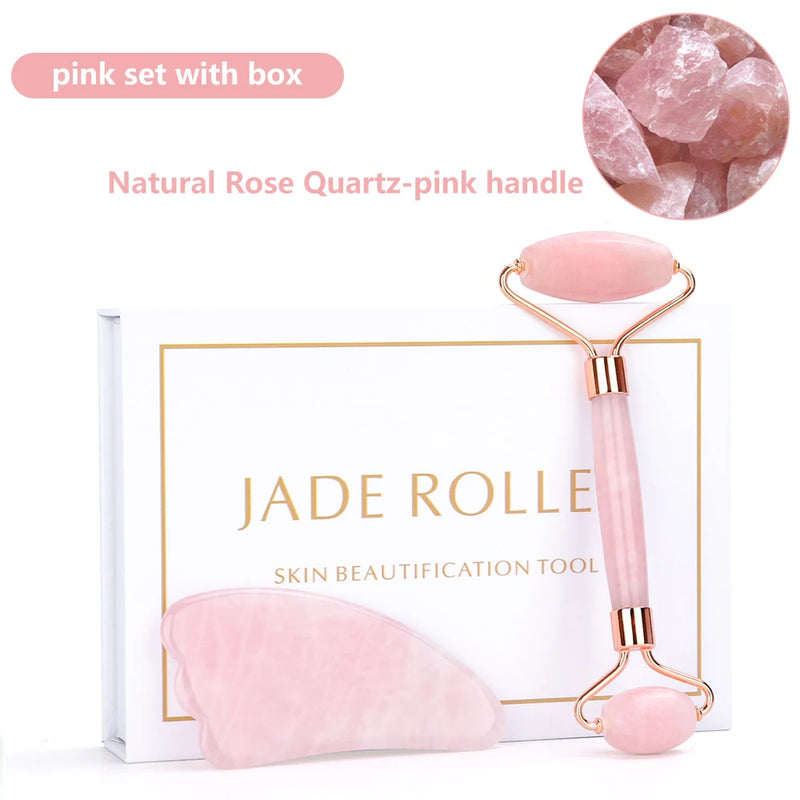 Kit Rolo de Jade Para Massagem Facial + Gua Sha